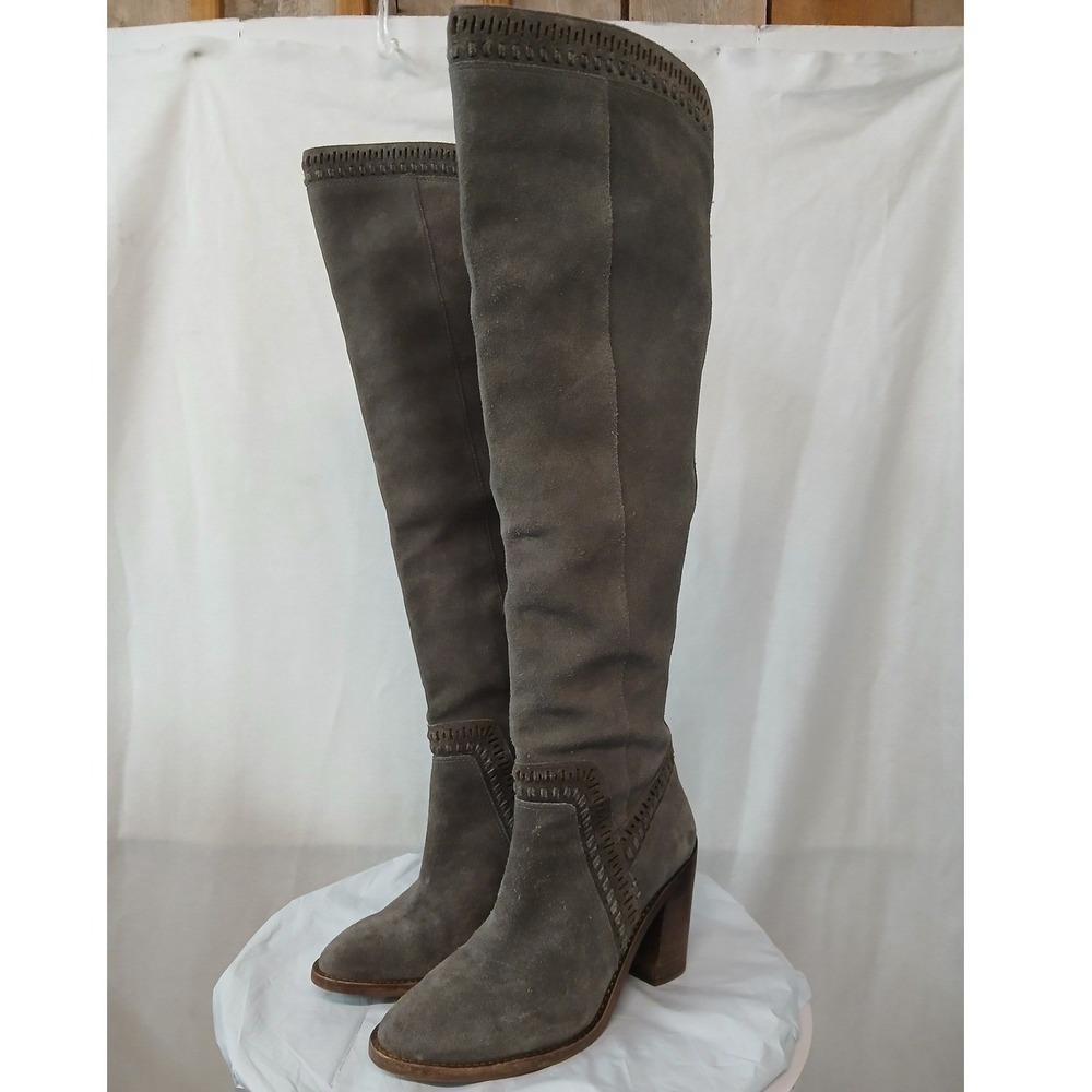 Vince Camuto Madolee Genuine Suede Over The Knee Boots Grey Whipstitch 9.5M